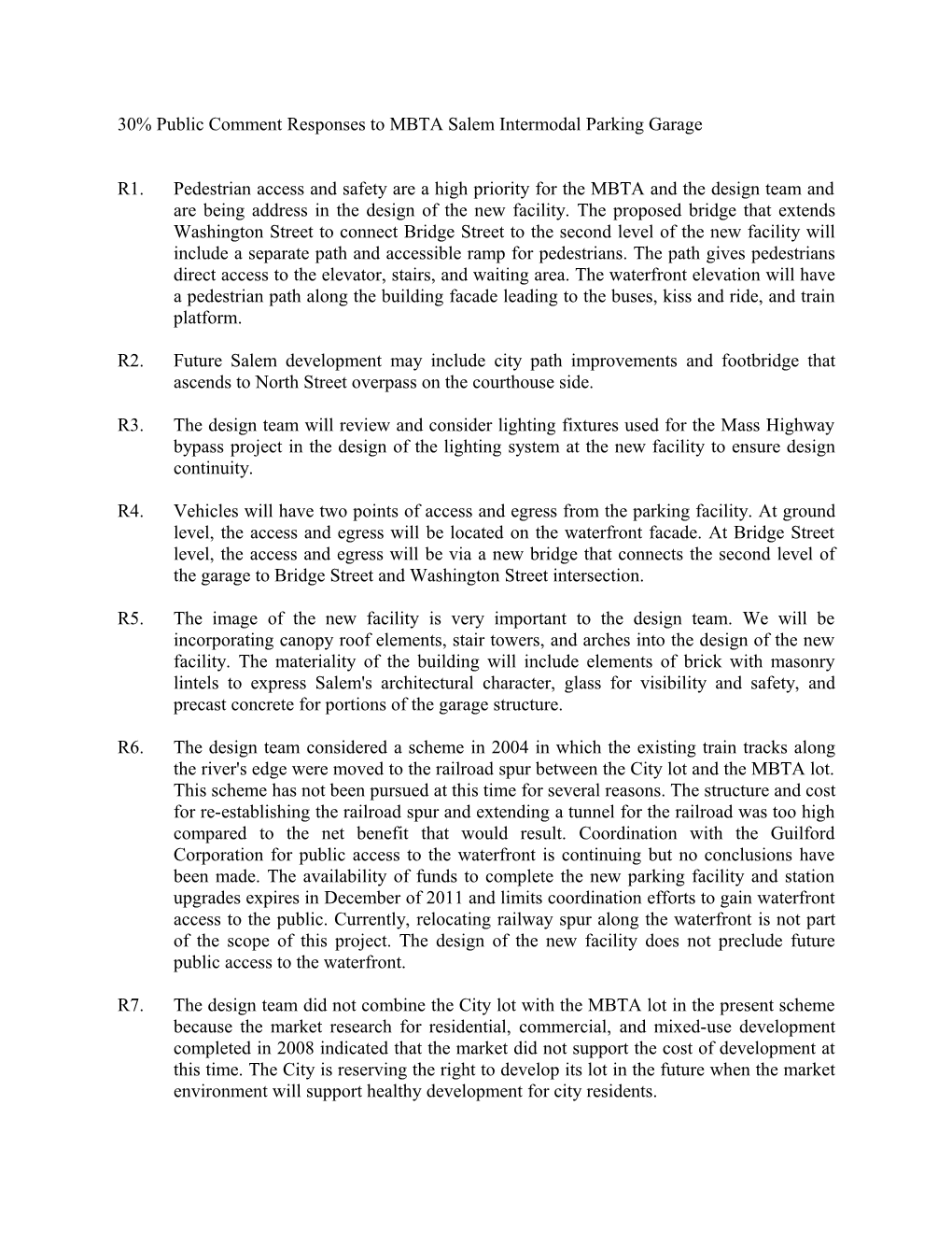 30% Public Comment Responses to MBTA Salem Intermodal Parking Garage