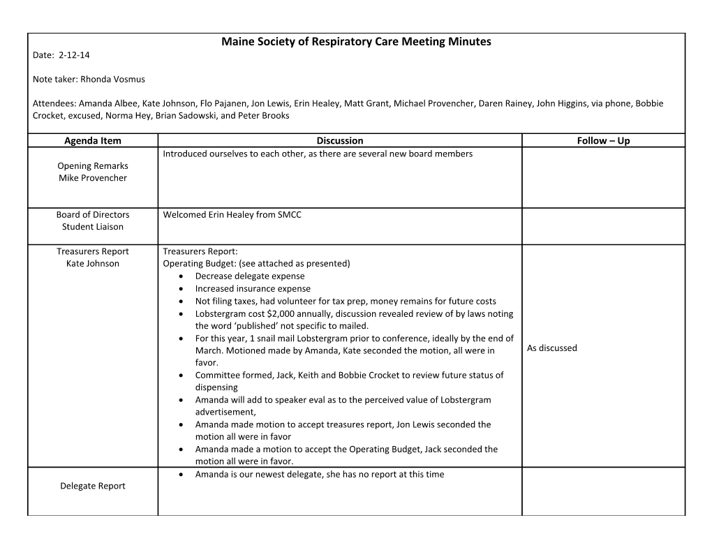 Maine Society of Respiratory Care Meeting Minutes