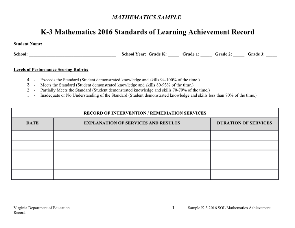 K-3 Mathematics 2016 Standards of Learning Achievement Record