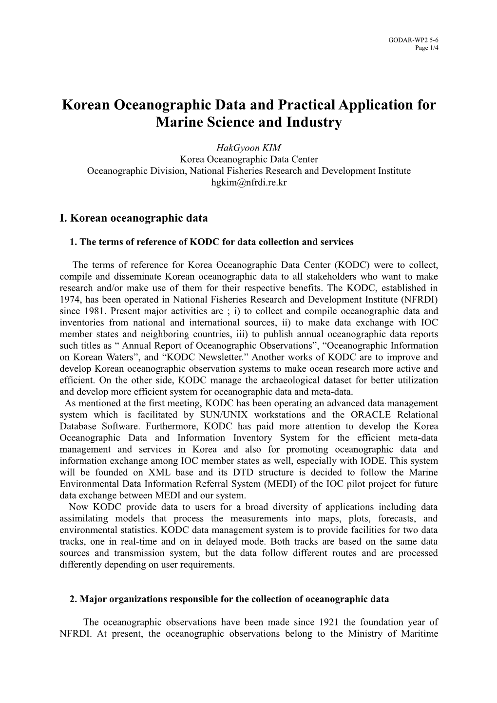 Oceanographic Research and Data Management Activity in Korea