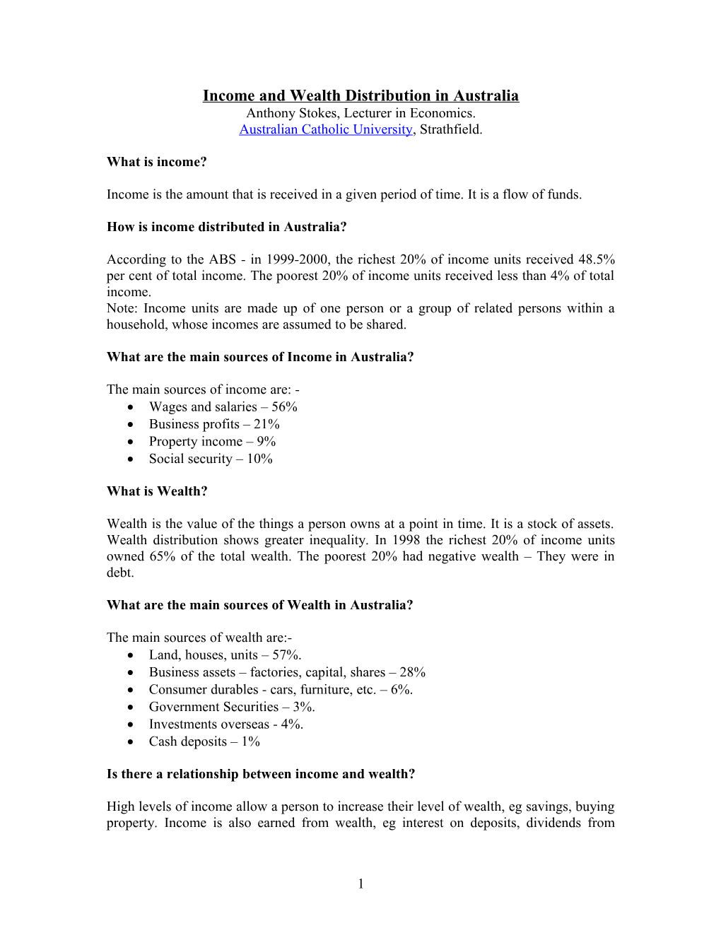 Income and Wealth Distribution in Australia