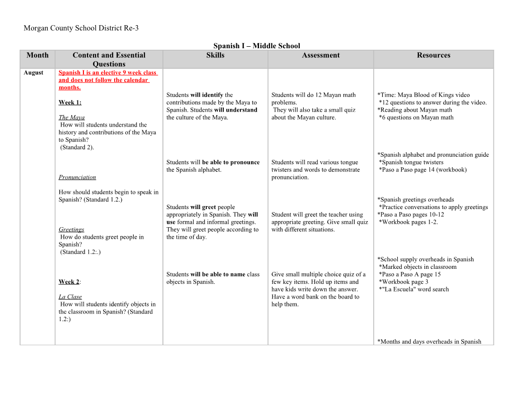 Morgancountyschool District Re-3 Spanish I Middle School