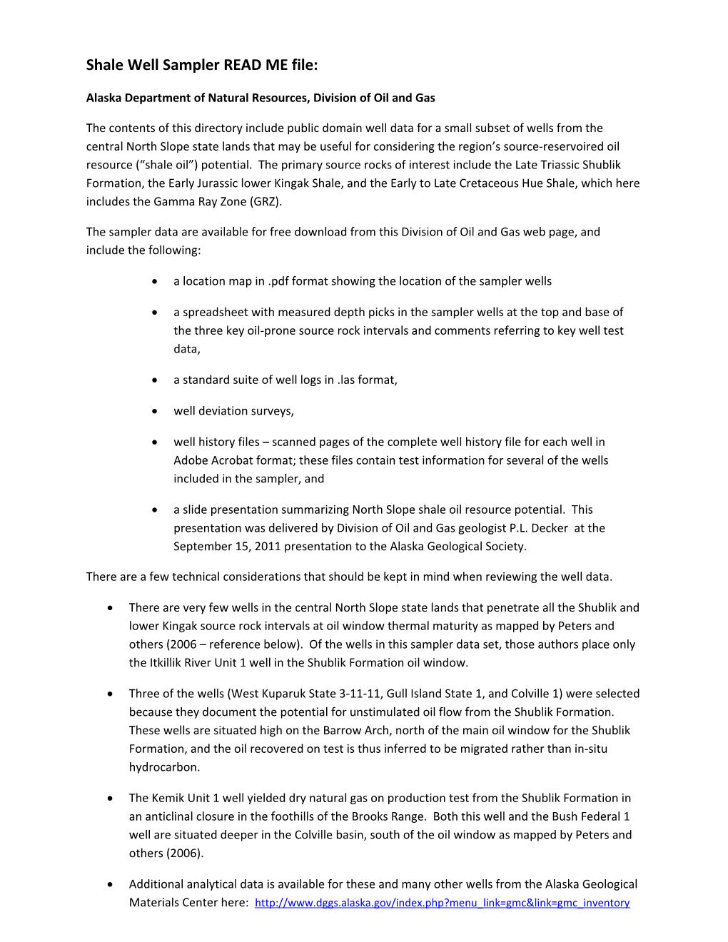 Shale Well Sampler READ ME File