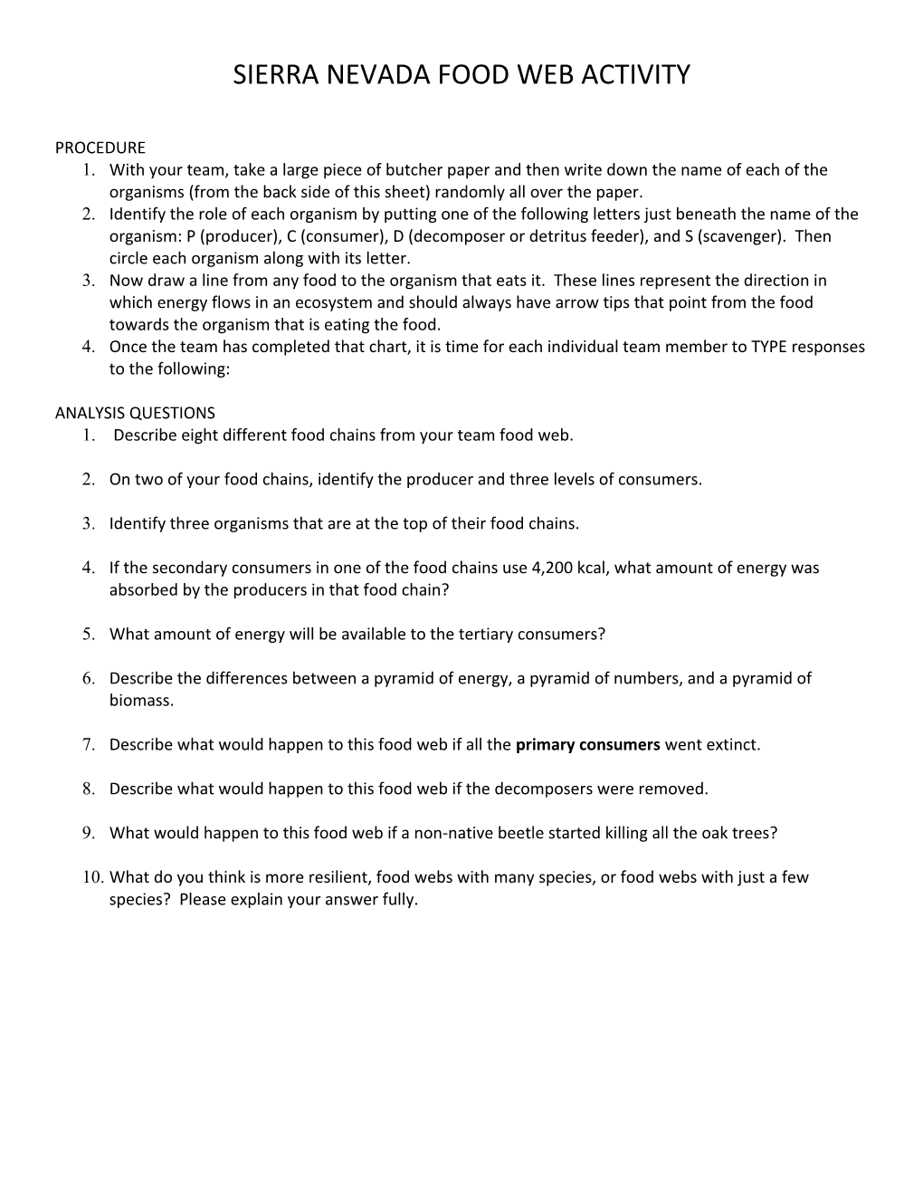 Sierra Nevada Food Web Activity
