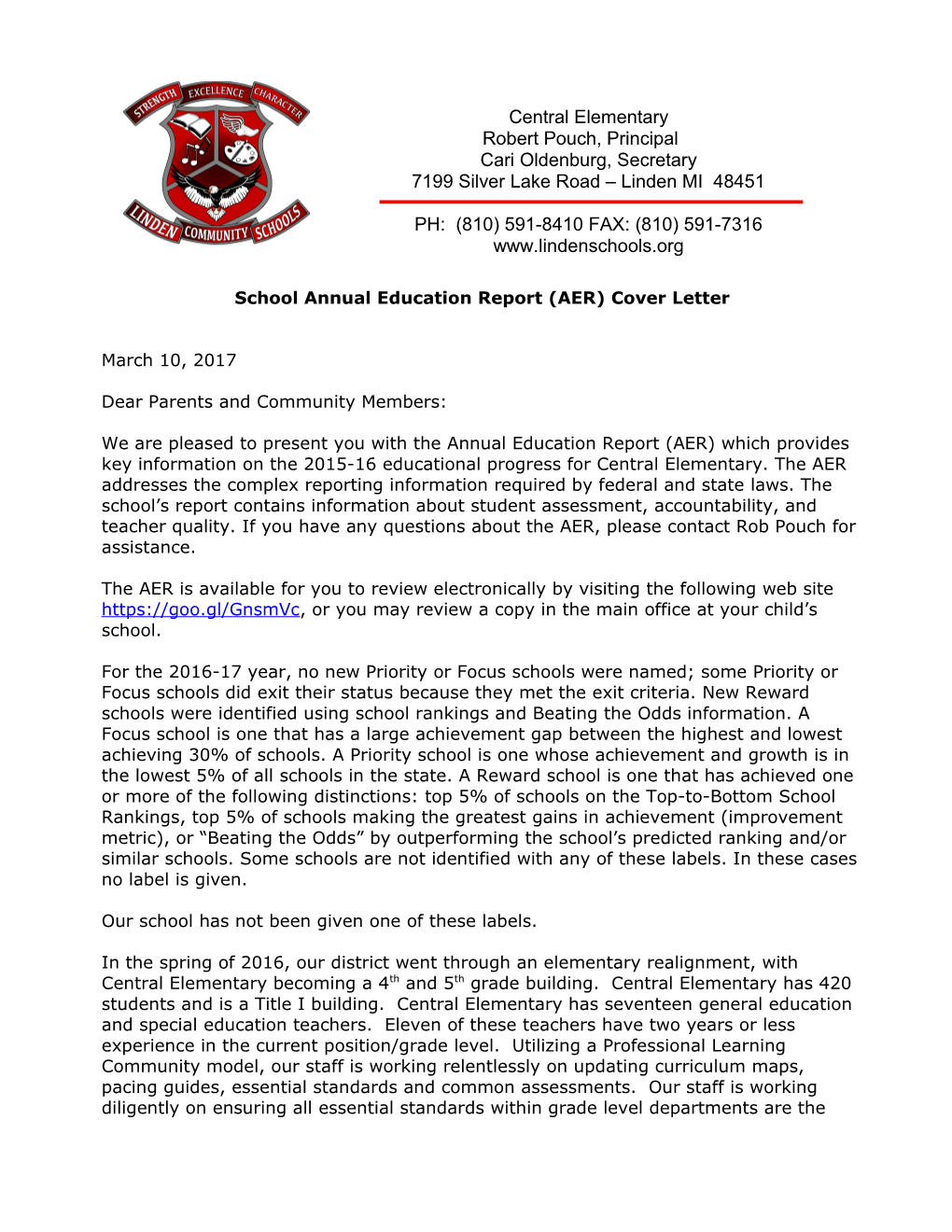 School Annual Education Report (AER) Cover Letter