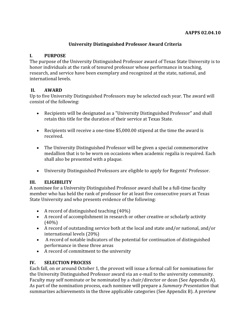 University Distinguished Professor Award Criteria