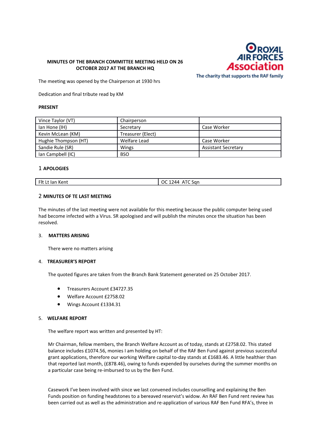 Minutes of the Branch Committee Meeting Held on 26 October 2017 at the Branch Hq