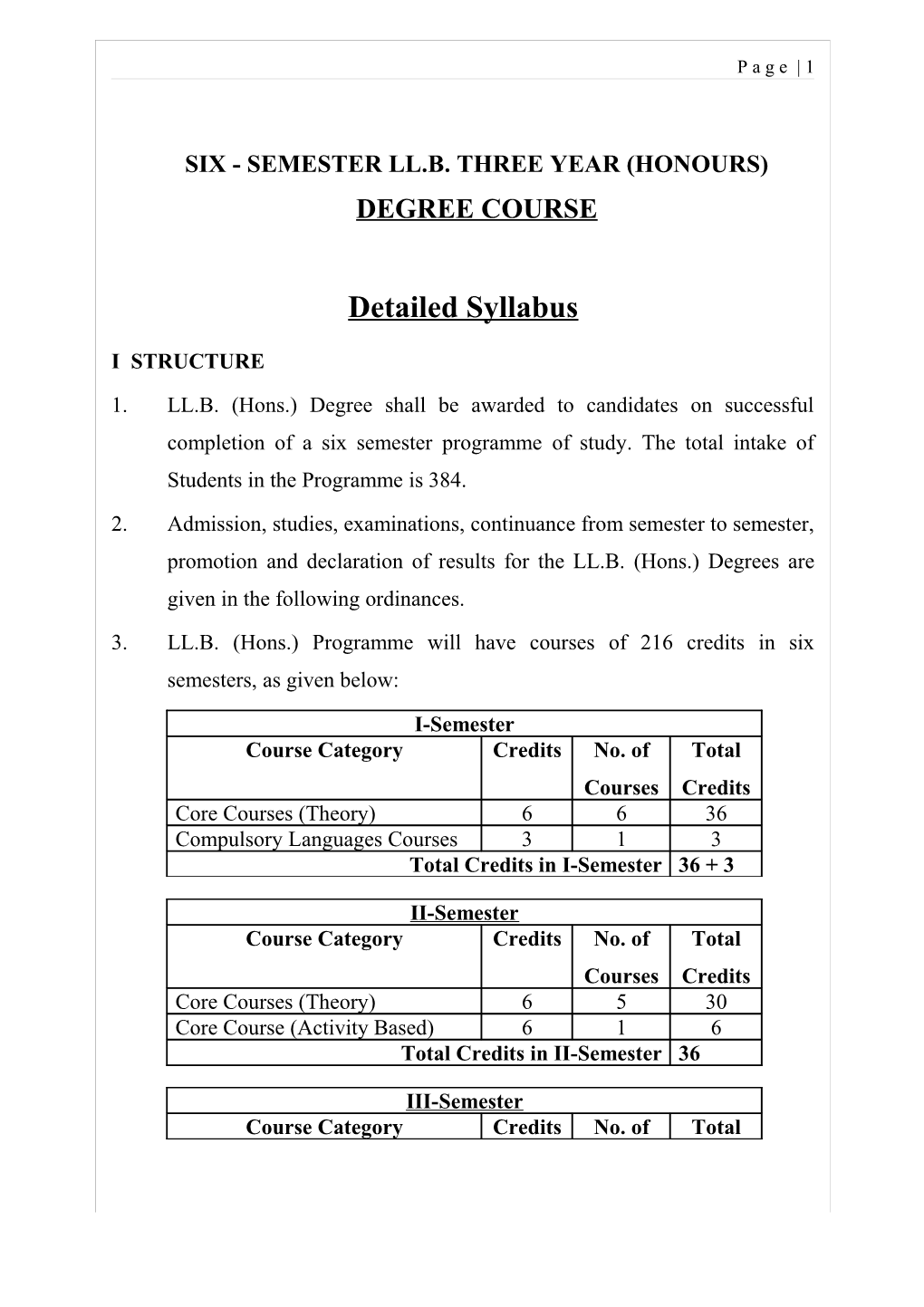 Six - Semester Ll.B. Three Year (Honours)