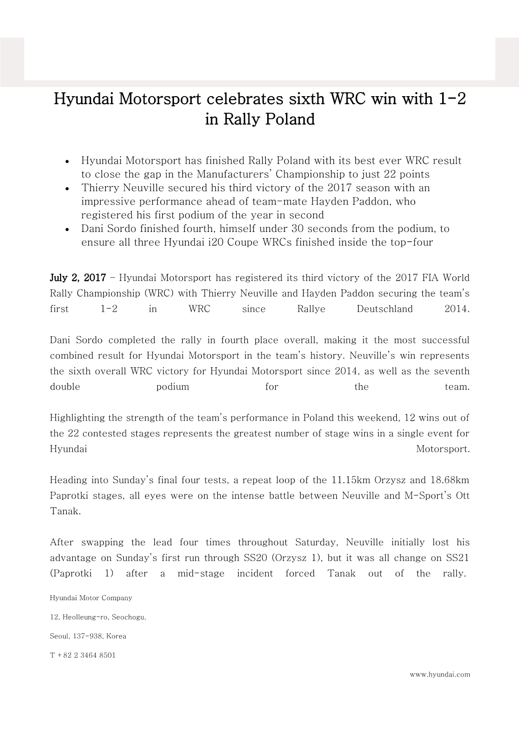 Hyundai Motorsport Celebrates Sixth WRC Win with 1-2 in Rally Poland