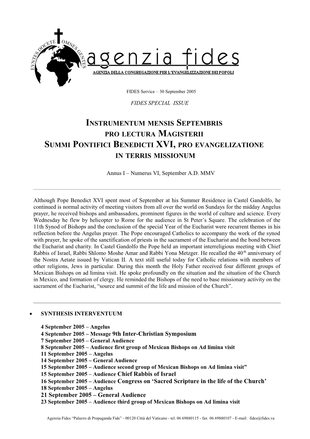 Agenzia FIDES - 30 Luglio 2005