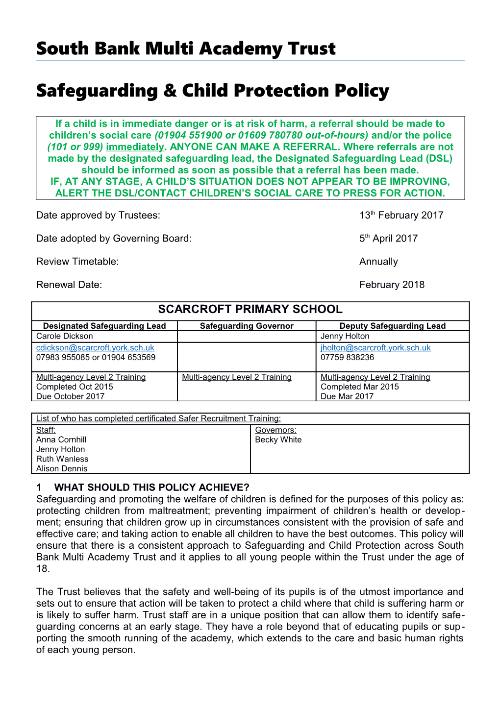 South Bank Multi Academy Trust Support Staff Contract Template