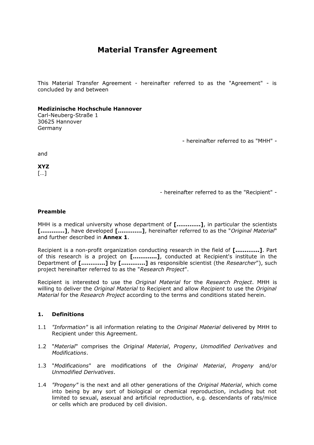 Material Transfer Agreement - Type 1