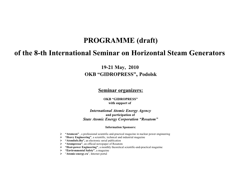 Of the 8-Th International Seminar on Horizontal Steam Generators