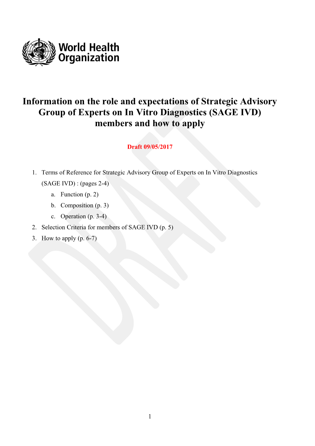 Information on the Role and Expectations of Strategic Advisory Group of Experts on In