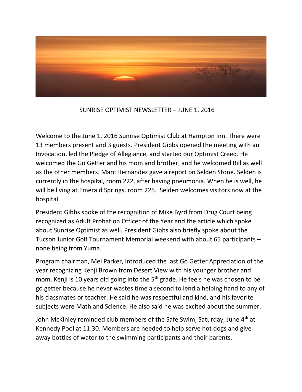 Sunrise Optimist Newsletter June 1, 2016