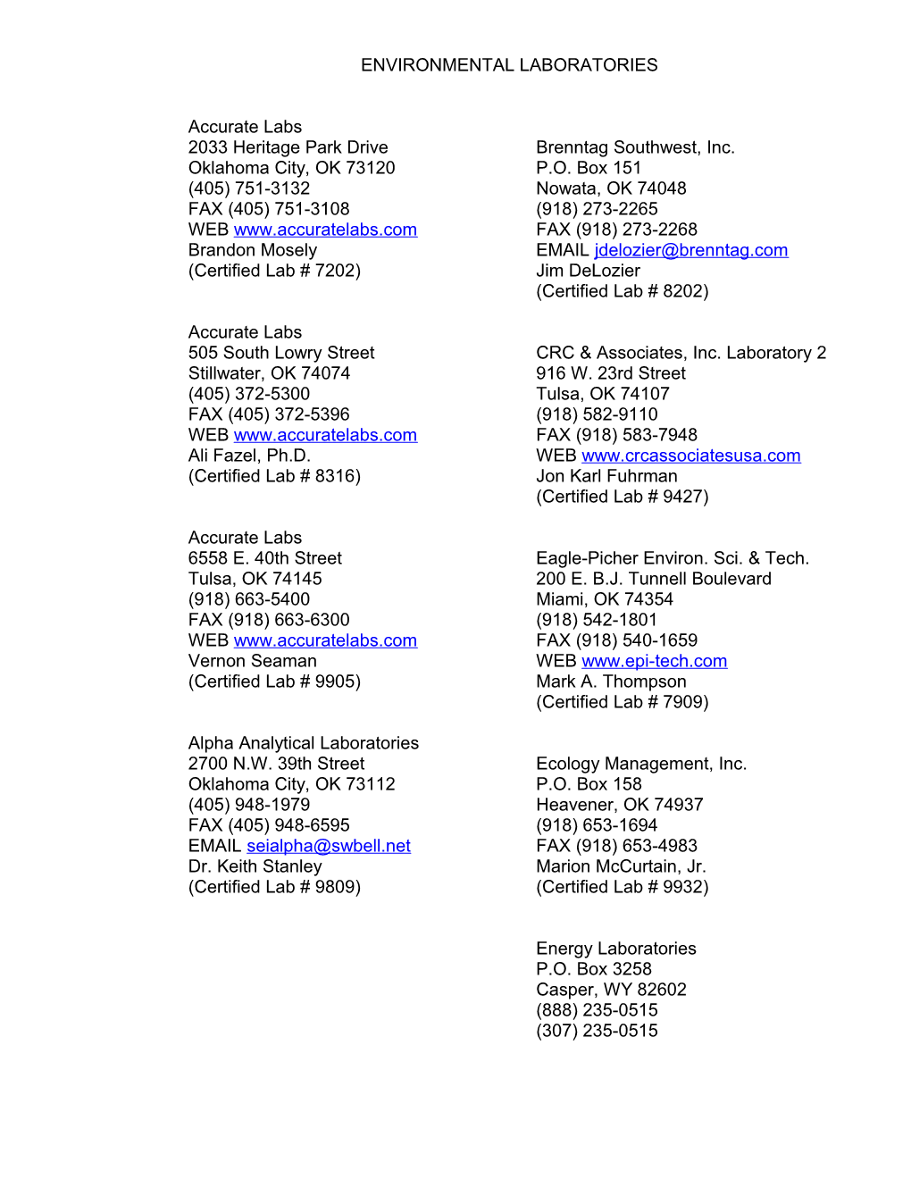 Environmental Laboratories List