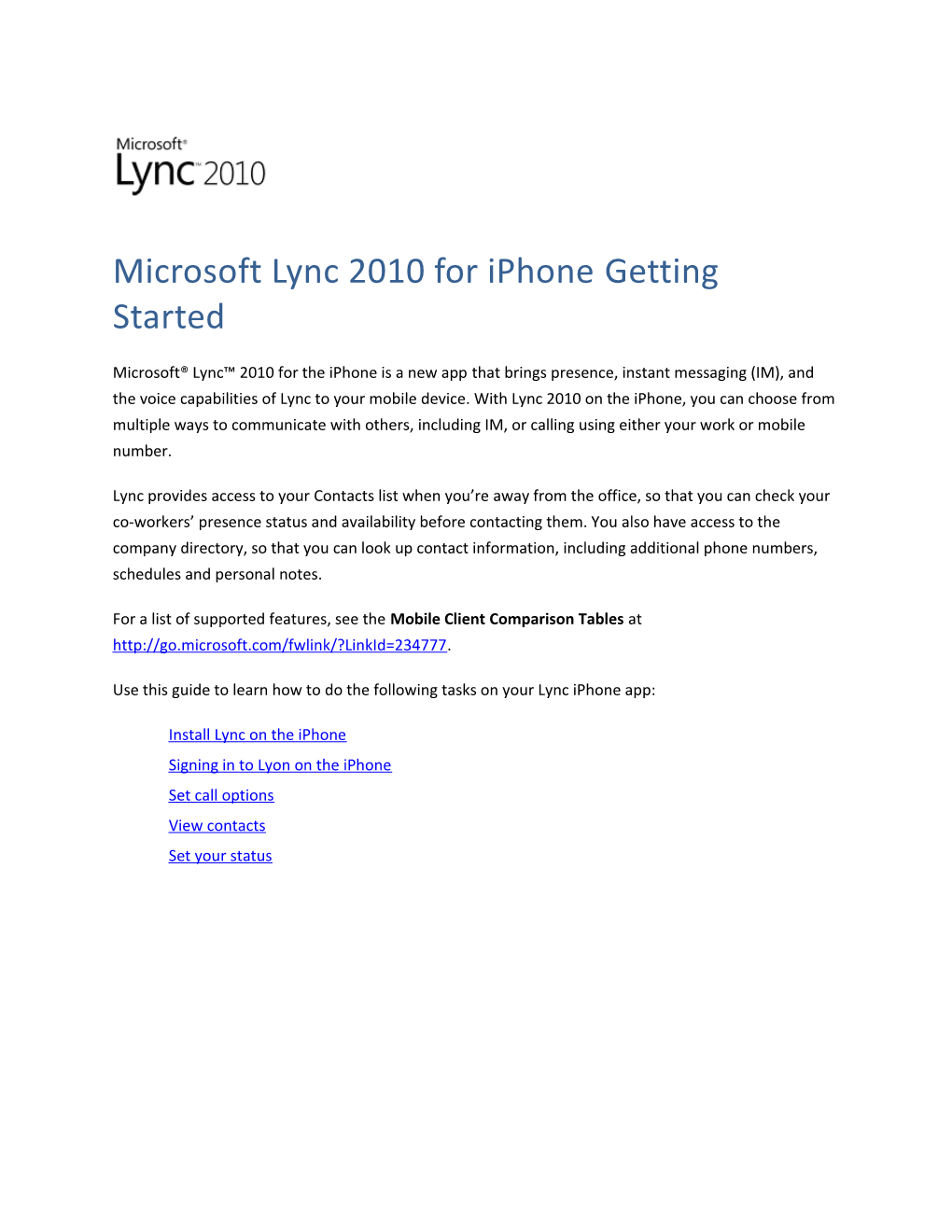 Microsoft Lync 2010 for Iphone Getting Started