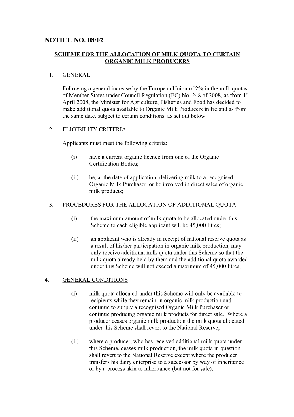 Scheme for the Allocation of Milk Quota to Certain Organic Milk Producers