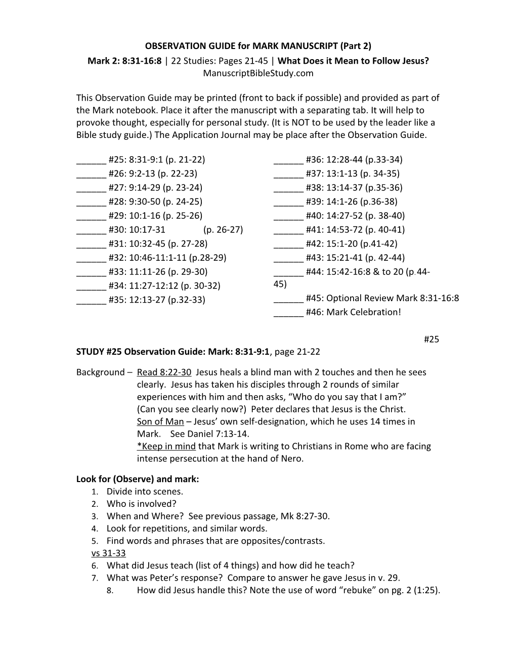 OBSERVATION GUIDE for MARK MANUSCRIPT (Part 2)