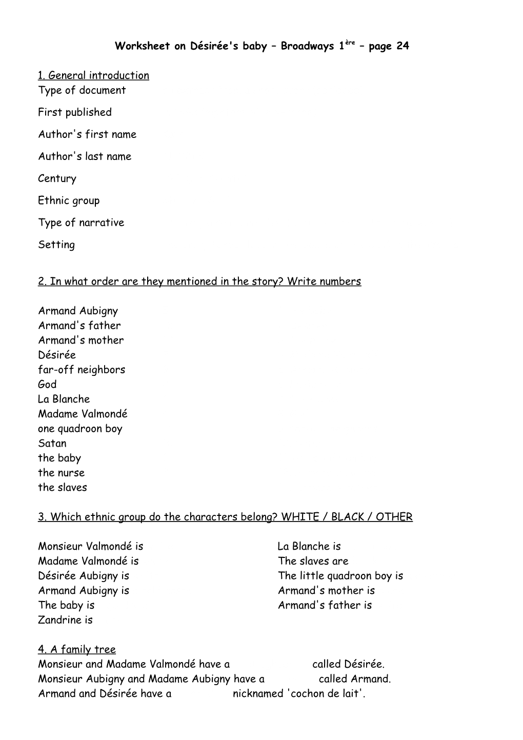 Worksheet on Désirée's Baby Broadways 1Ère Page 24