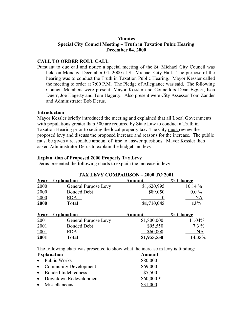 Special City Council Meeting Truth in Taxation Pubic Hearing