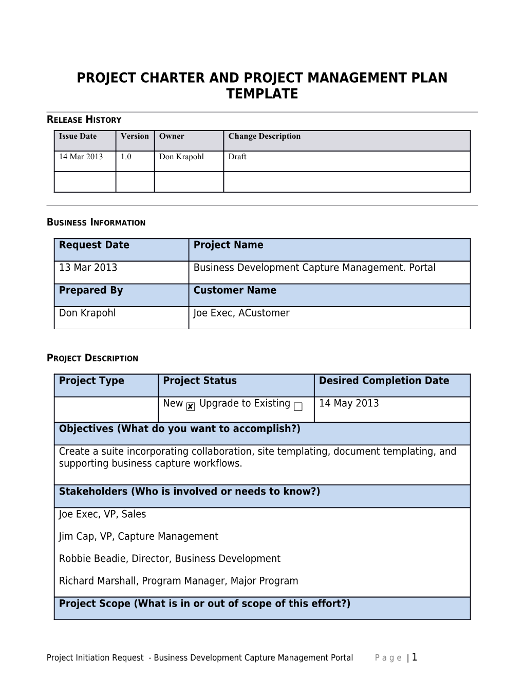 Project Charter and Project Management Plan Template