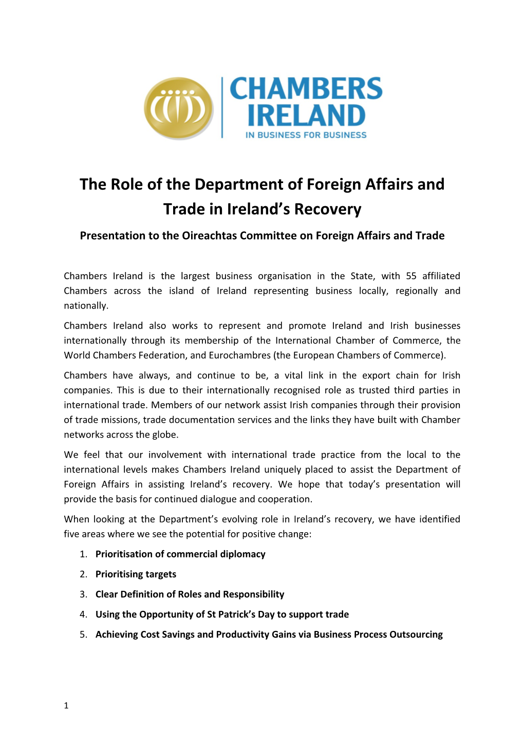 The Role of the Department of Foreign Affairs and Trade in Ireland S Recovery