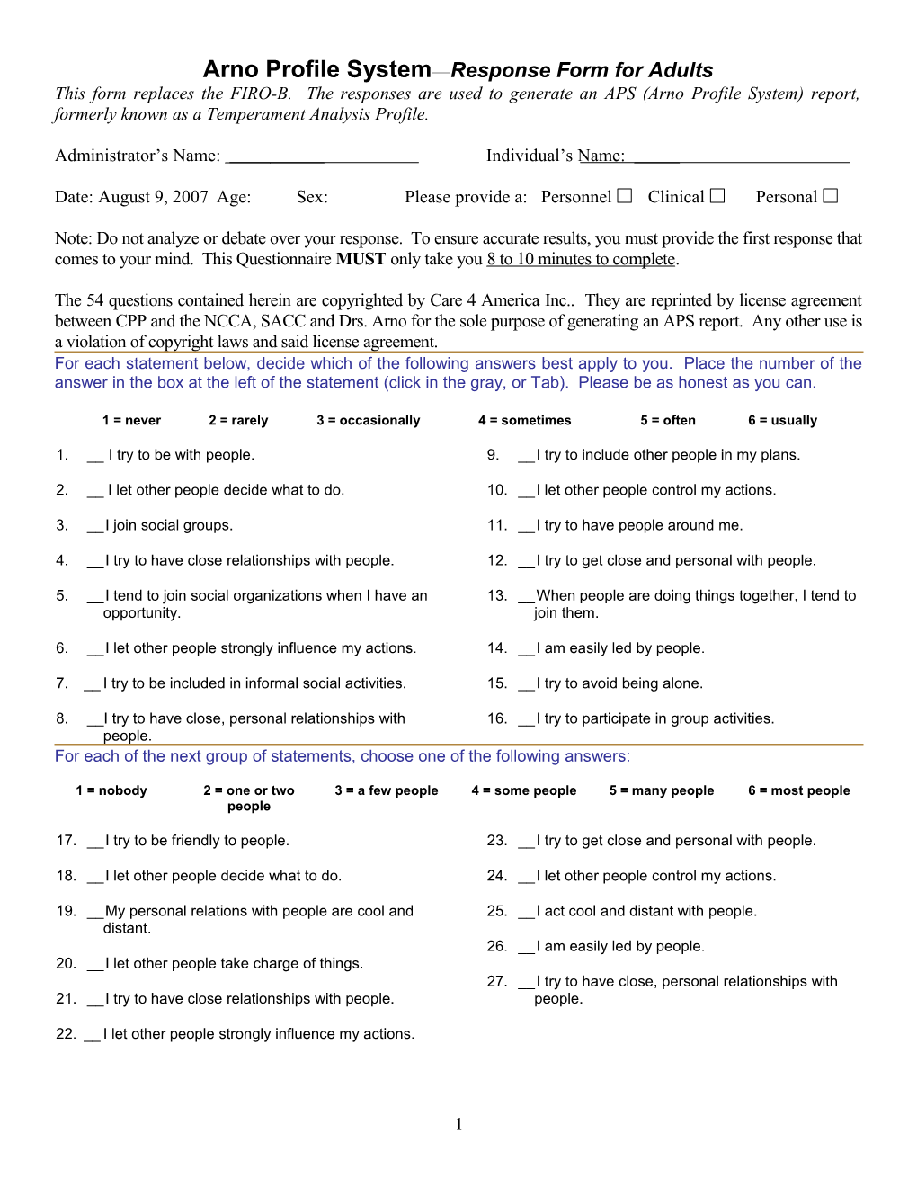 Arno Profile System Response Form for Adults