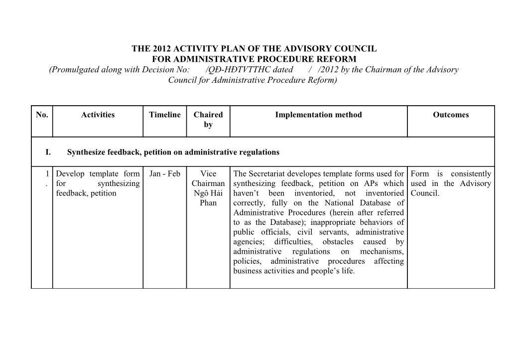 The 2012 Activity Plan of the Advisory Council