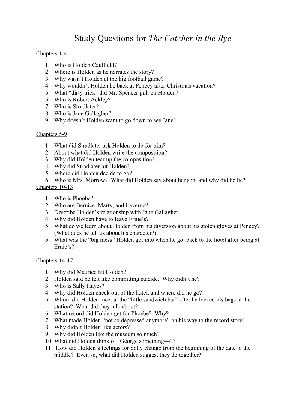 Study Questions for the Catcher in the Rye