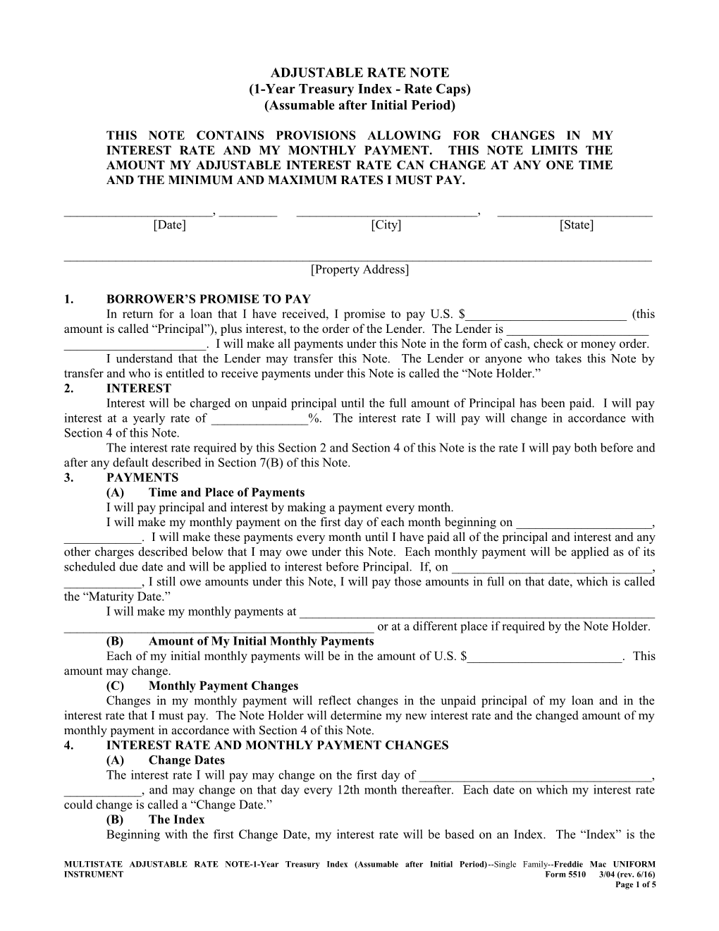 Multistate Adjustable Rate Note 1-Year Treasury Assumable AIP