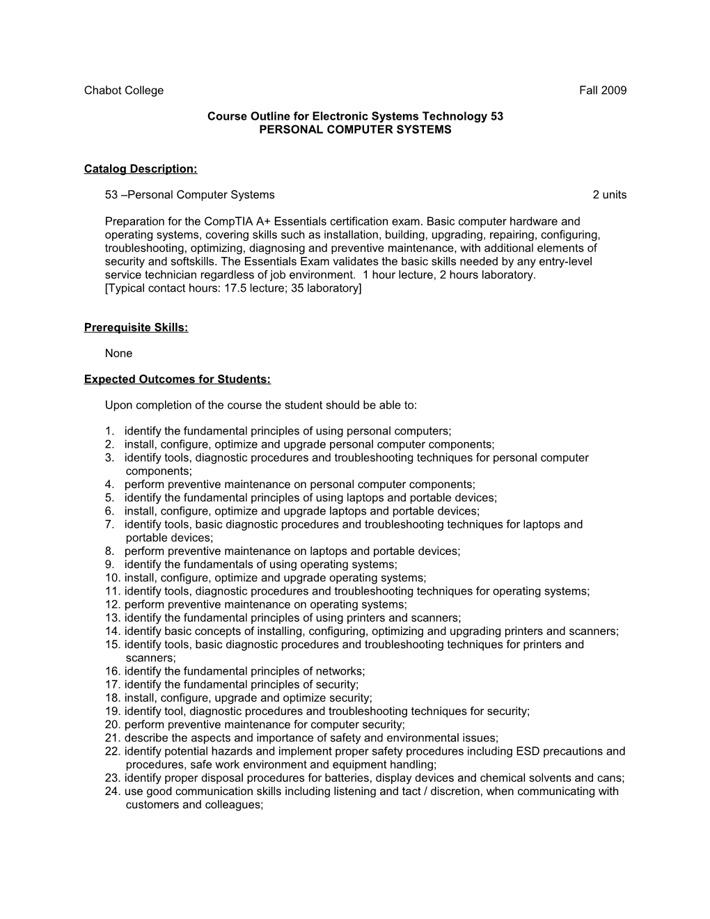 Course Outline for Electronic Systems Technology 53, Page 2