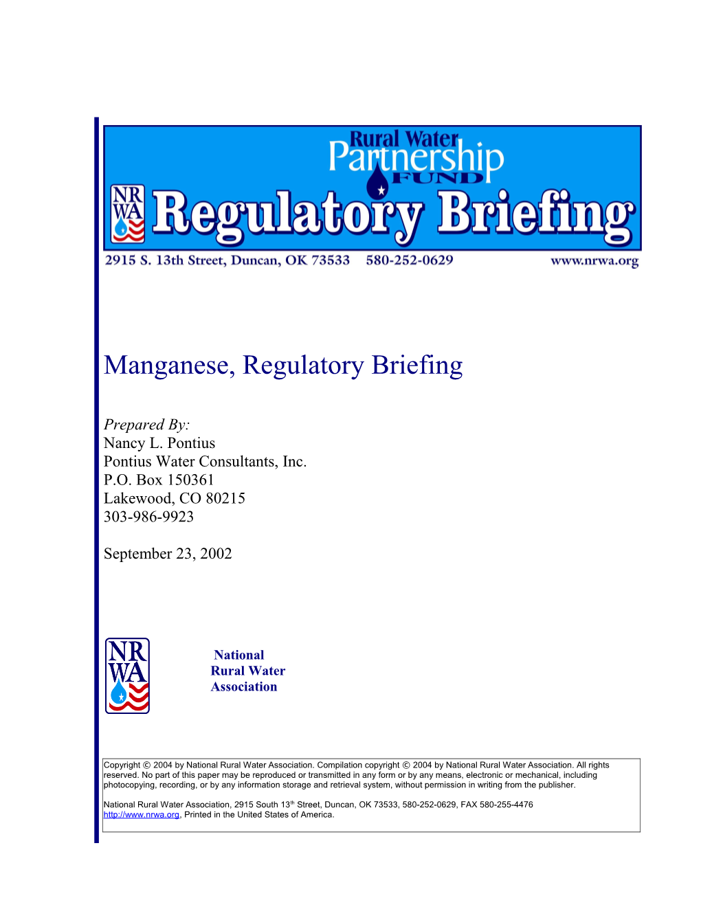 Manganese, Regulatory Briefing