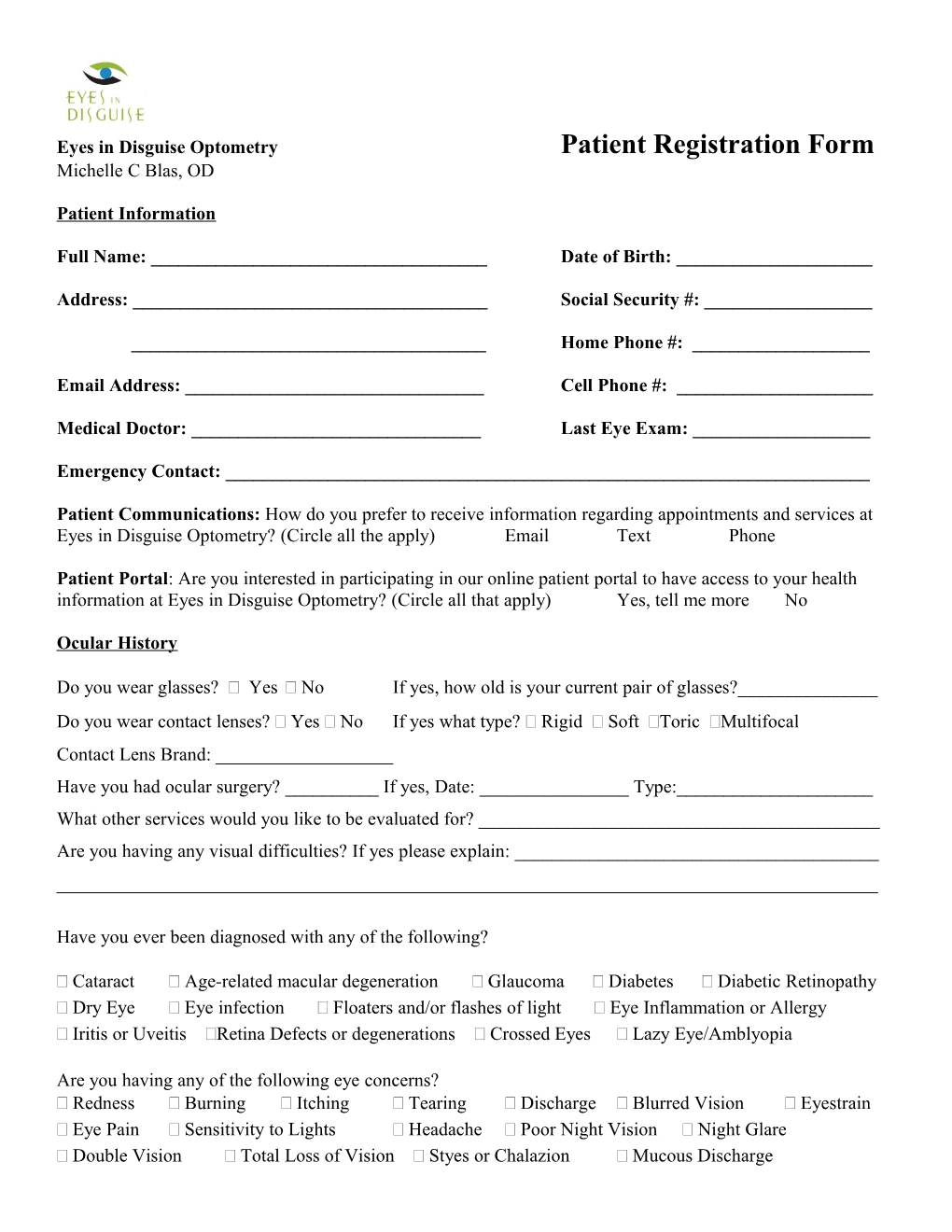 Eyes in Disguise Optometry Patient Registration Form