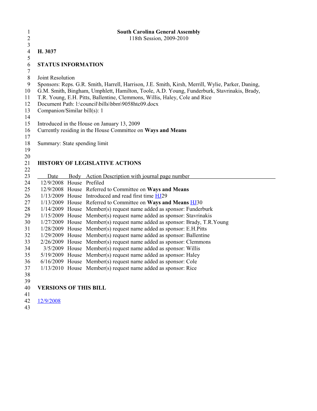 2009-2010 Bill 3037: State Spending Limit - South Carolina Legislature Online