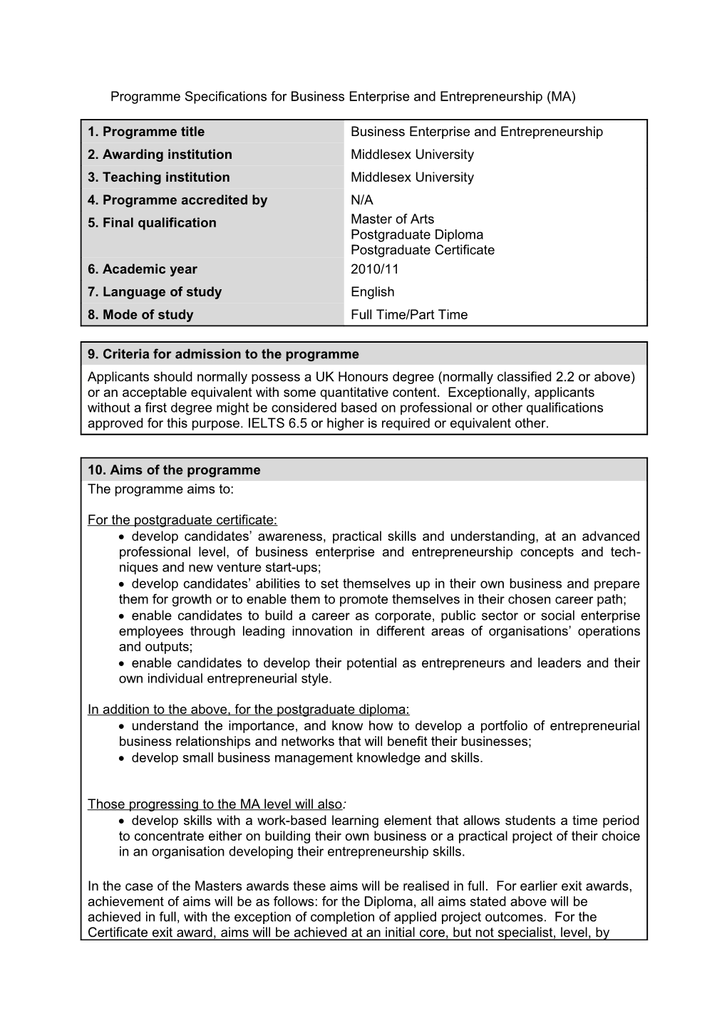 Programme Specifications for Business Enterprise and Entrepreneurship (MA)