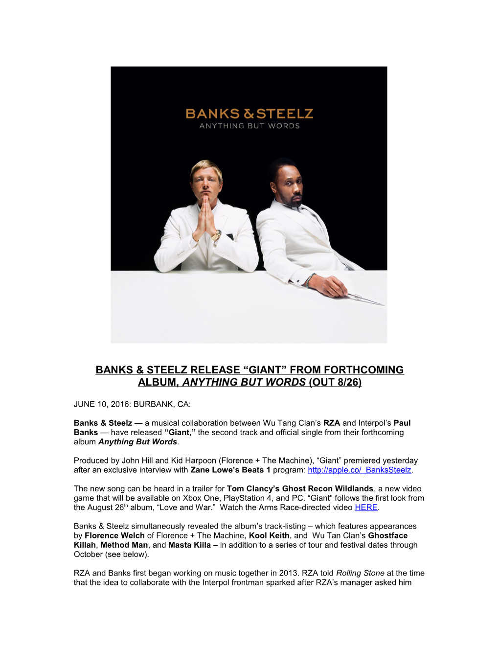 Banks & Steelz Release Giant from Forthcoming Album, Anything but Words(Out 8/26)