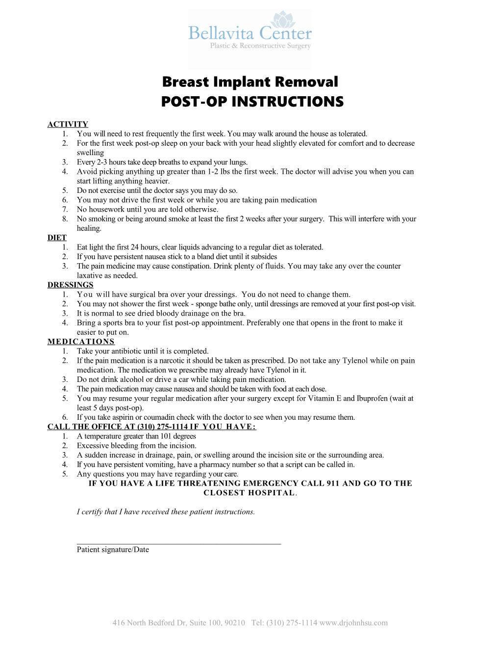 Breast Implant Removal POST-OP INSTRUCTIONS