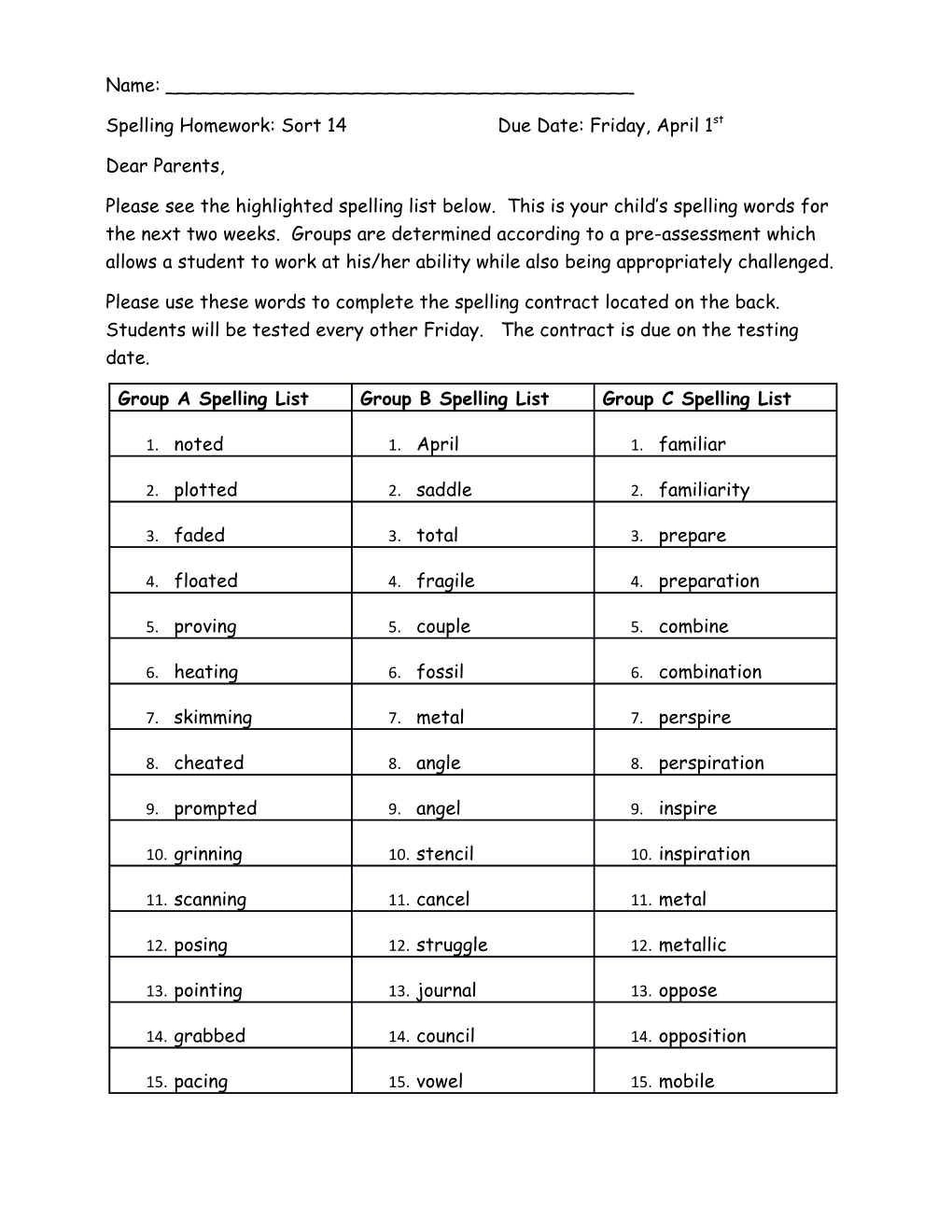 Spelling Homework: Sort 14Due Date: Friday, April 1St