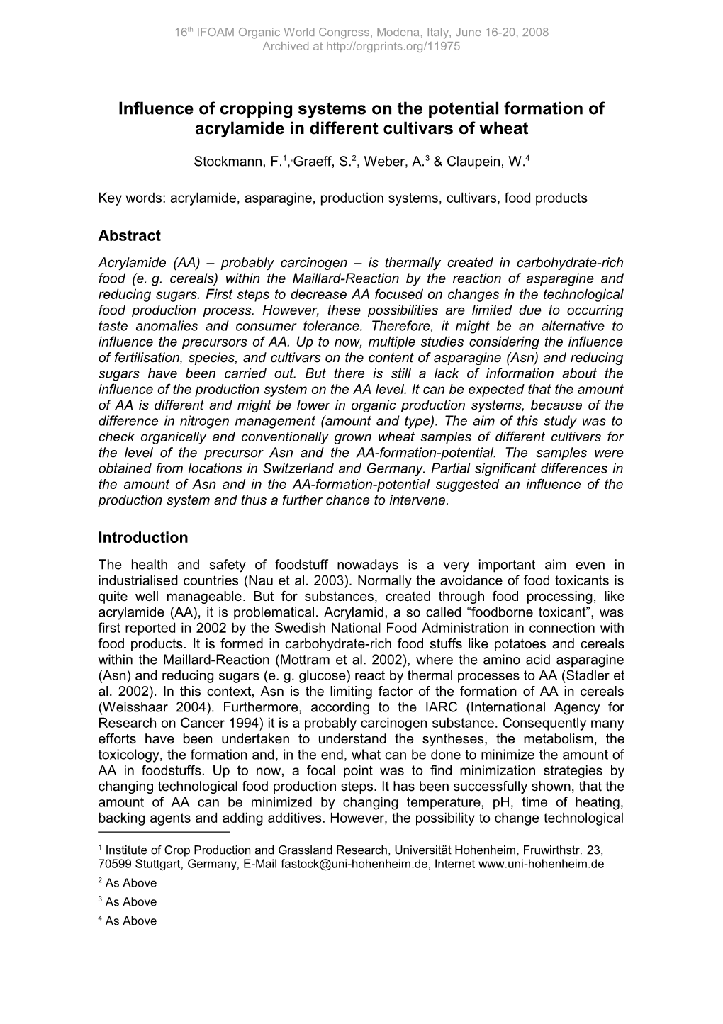 Influence of Cropping Systems on the Potential Formation of Acrylamide in Different Cultivars