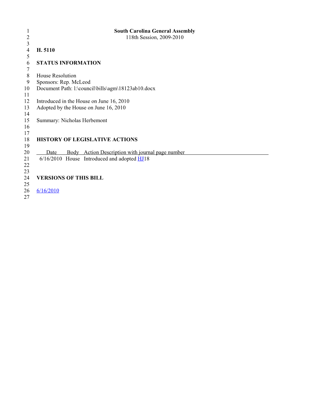 2009-2010 Bill 5110: Nicholas Herbemont - South Carolina Legislature Online