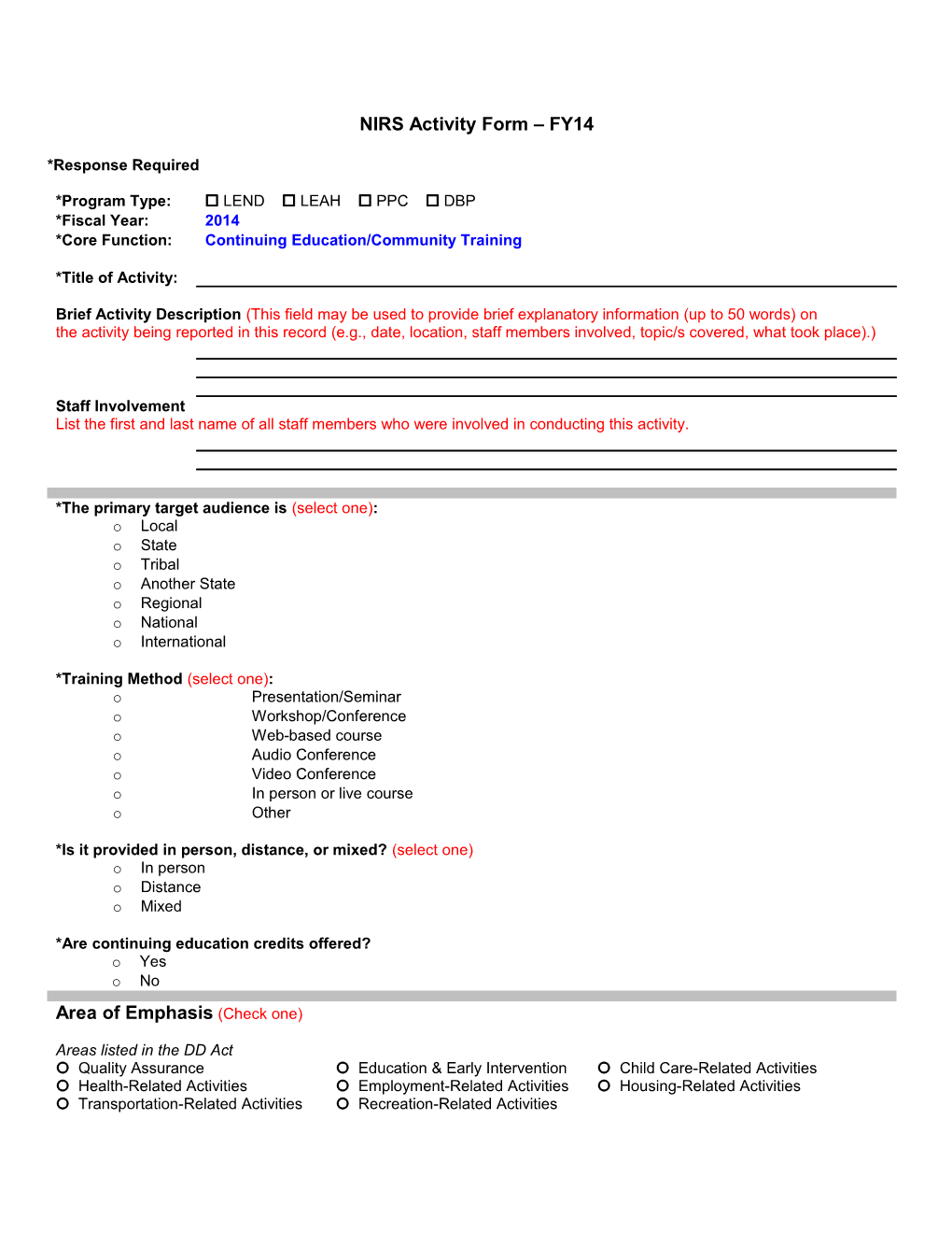 NIRS Activity Form FY14