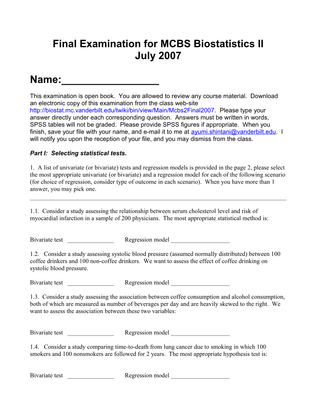 Final Examination for MSCI Biostatistics II