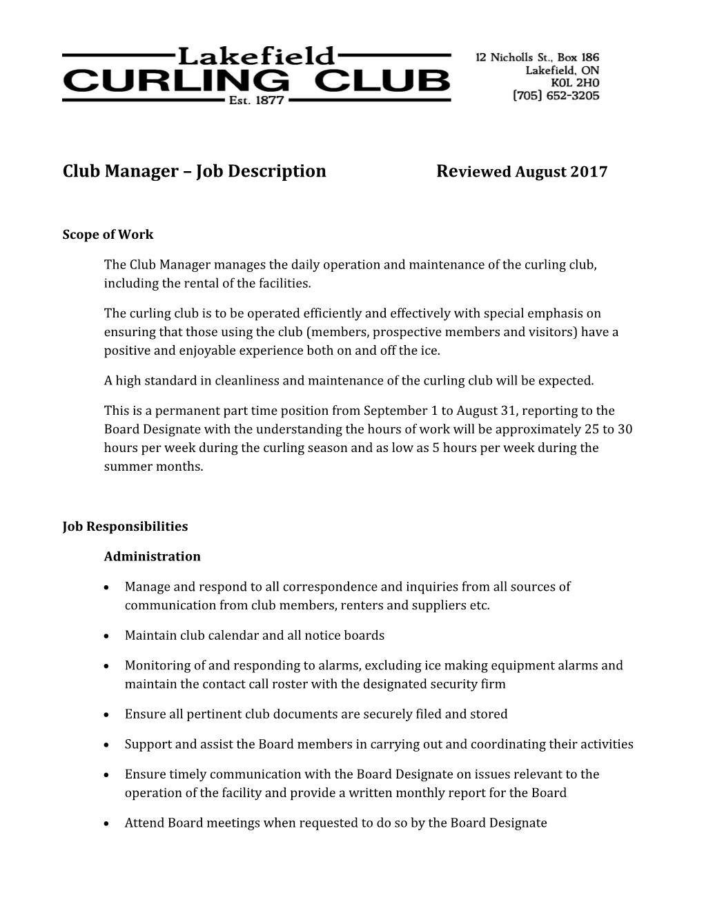 Club Manager Job Description Reviewed August 2017
