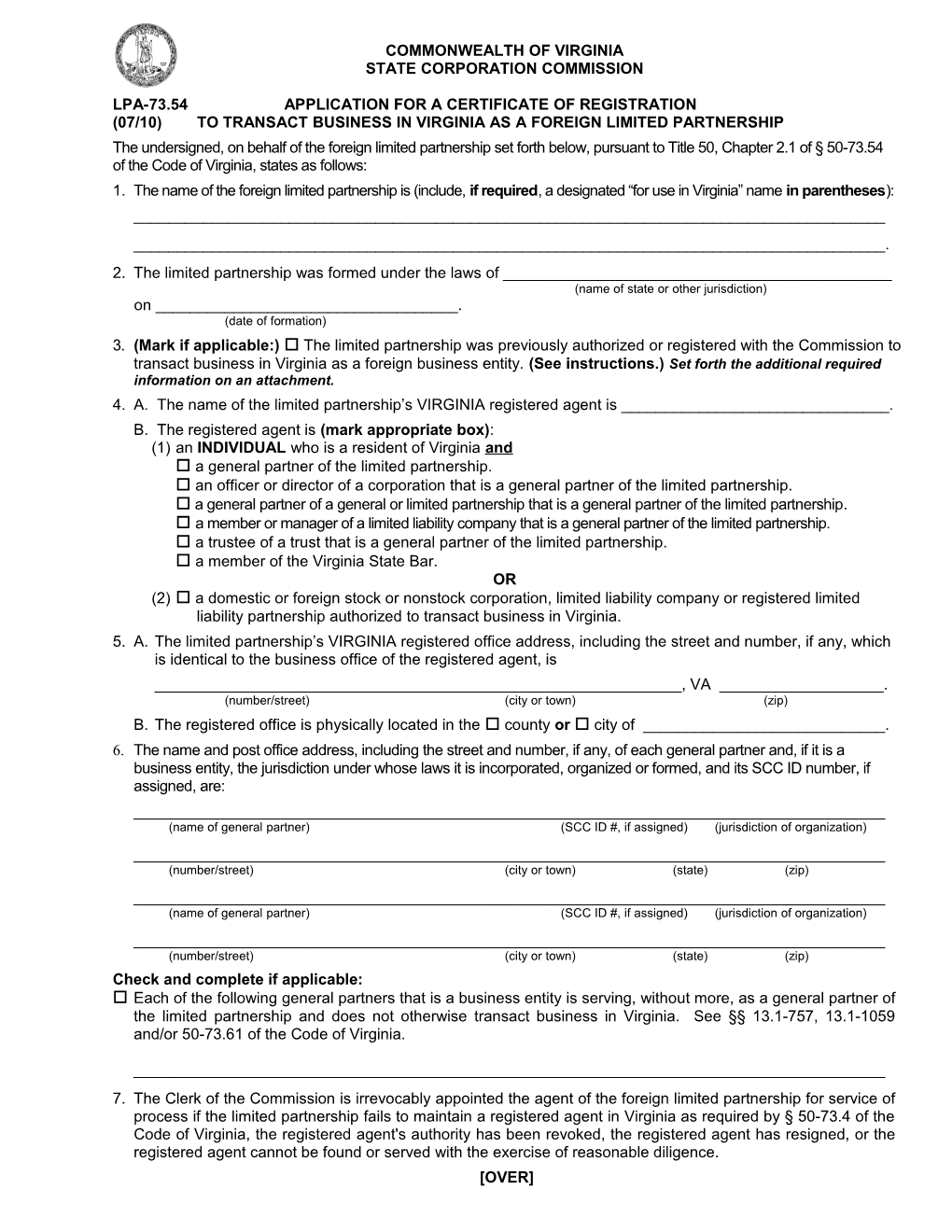 Application for Registration of Foreign Limited Partnership