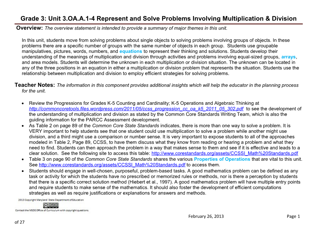 Grade 3: Unit 3.OA.A.1-4 Represent and Solve Problems Involving Multiplication & Division