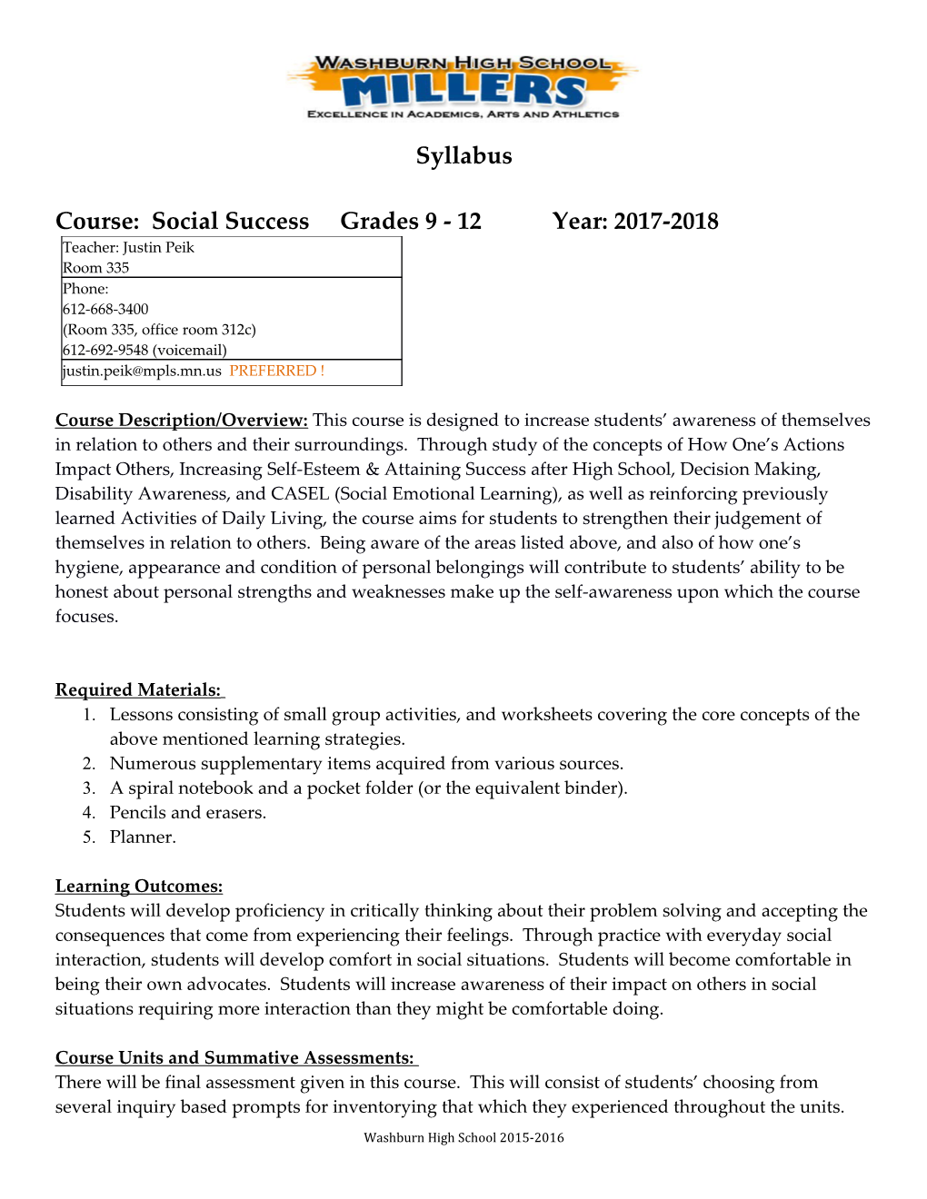 Course : Social Success Grades 9 - 12Year: 2017-2018