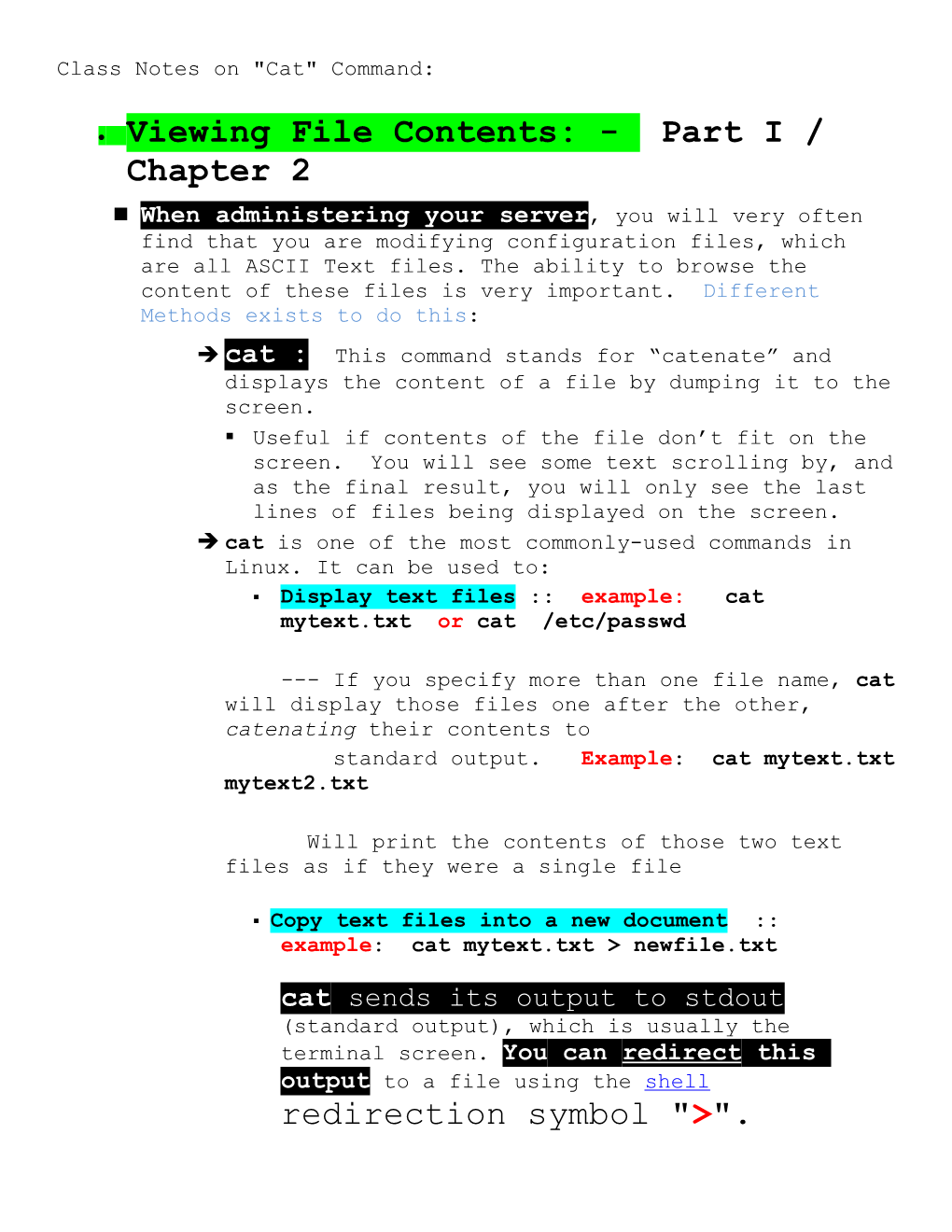 Class Notes on Cat Command