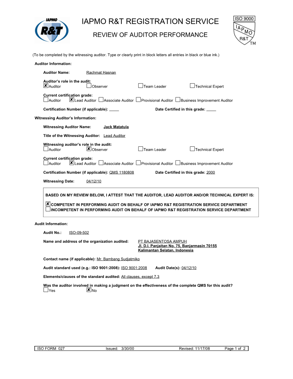 This Form Is to Be Completed by the D O R (Director of Registration Or Audit Team Leader)