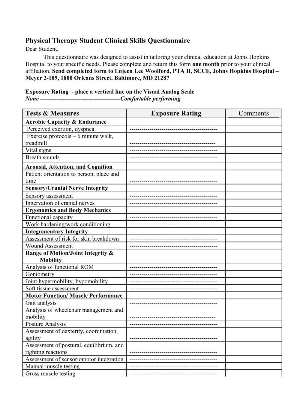 Physical Therapy Student Clinical Skills Questionnaire